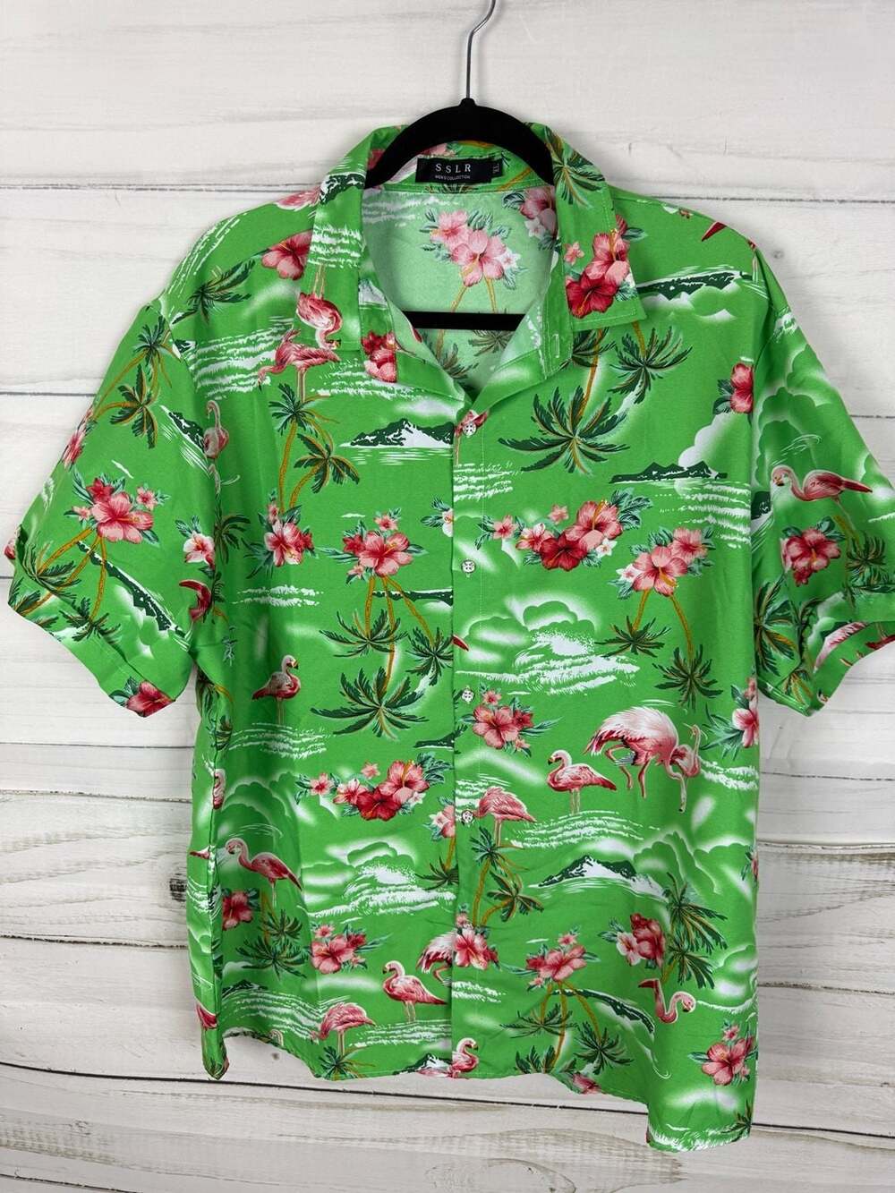 SSLR Men's Flamingo Tropical Print Short Sleeve Hawaiian Button-Down Shirt